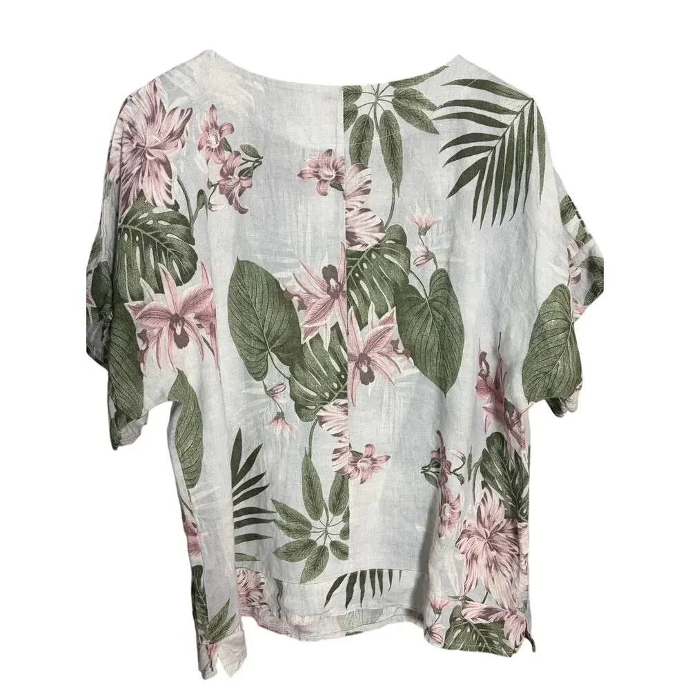 Pistache Italy 100% Linen Floral Top Medium Tropical Botanical Blouse Resort - Picture 2 of 7